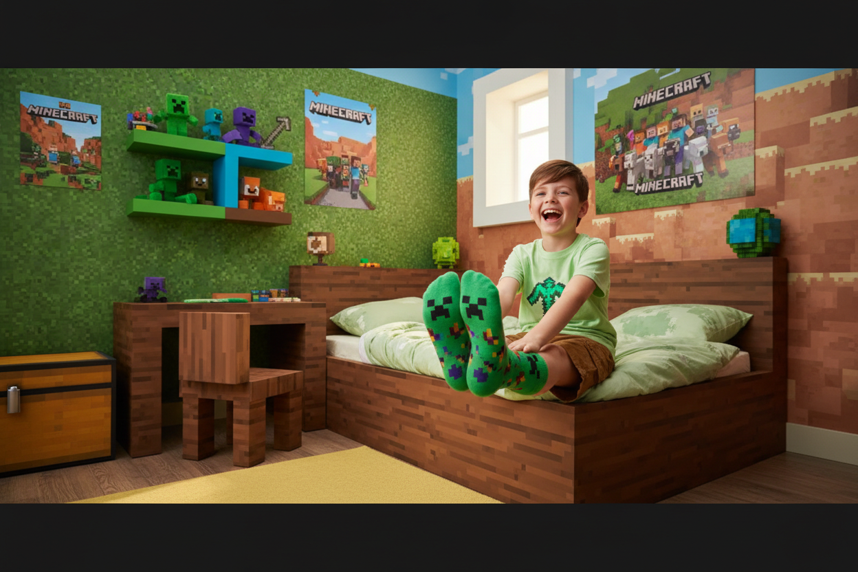 minecraft template room and kid is wearing minecraft sock. he is happy. it need to be banner photo